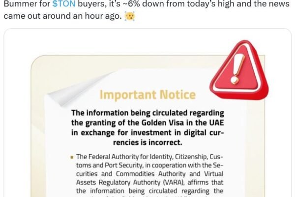 TON Coin Erases Some Gains After Golden Visa Clarification